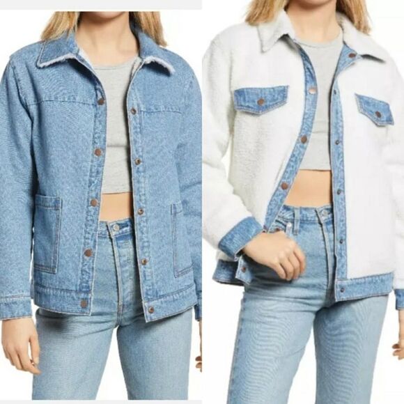 BP | Women’s Reversible Denim + Sherpa Overside Jacket Size Small - Picture 2 of 4